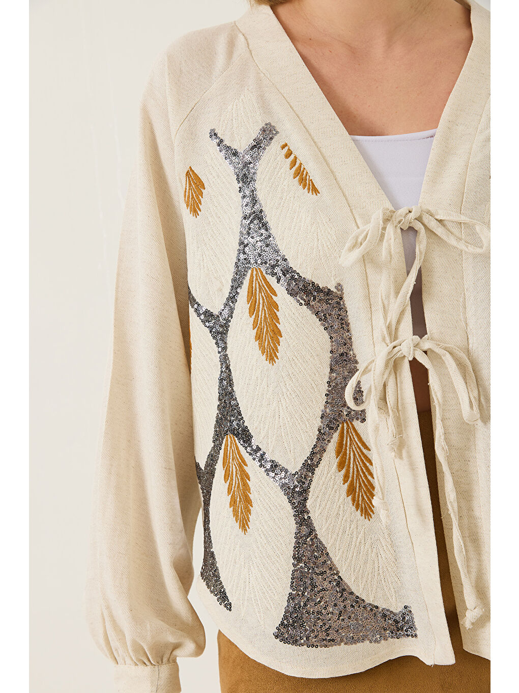 Bej Kadın Keten Pul Payet Nakışlı Bağlama Detaylı Kimono MH--5