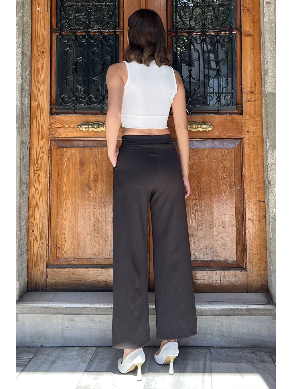 Kahverengi Kadın Bel Lastikli Cırtlı Palazzo Pantolon-2