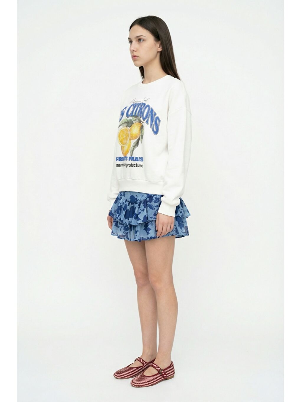 Çiçek Desenli Volanlı Mini Etek Mavi-2