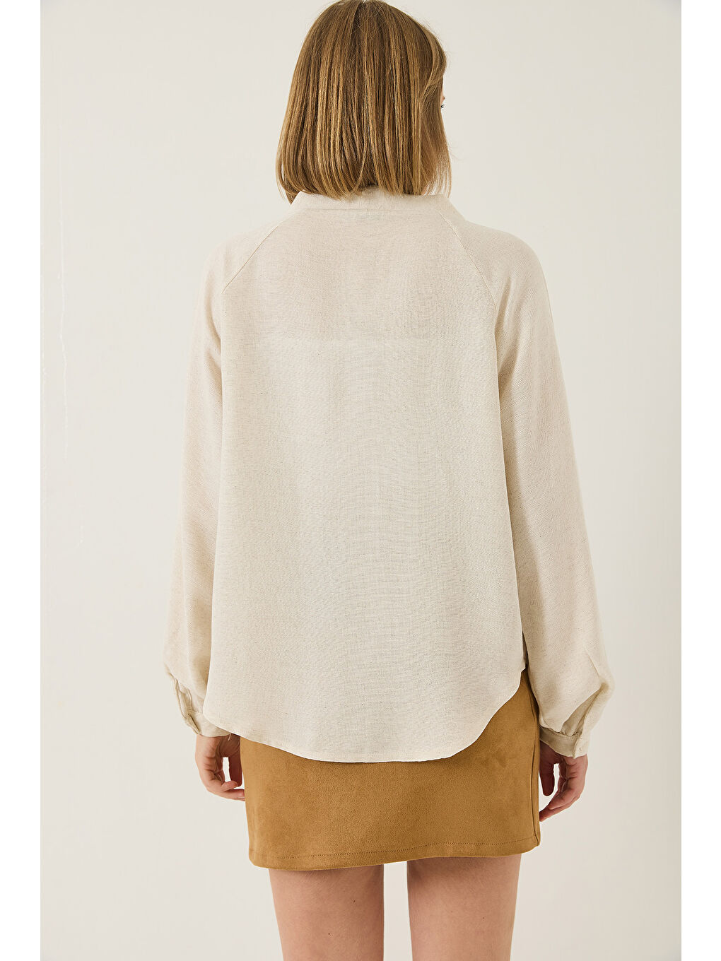 Bej Kadın Keten Pul Payet Nakışlı Bağlama Detaylı Kimono MH--6