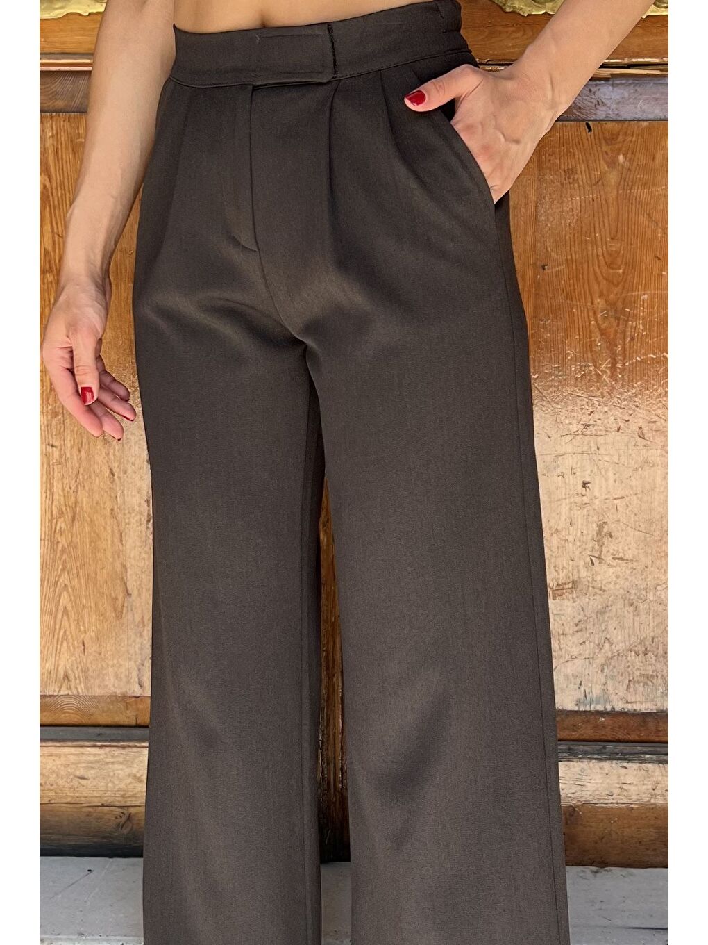 Kahverengi Kadın Bel Lastikli Cırtlı Palazzo Pantolon-3