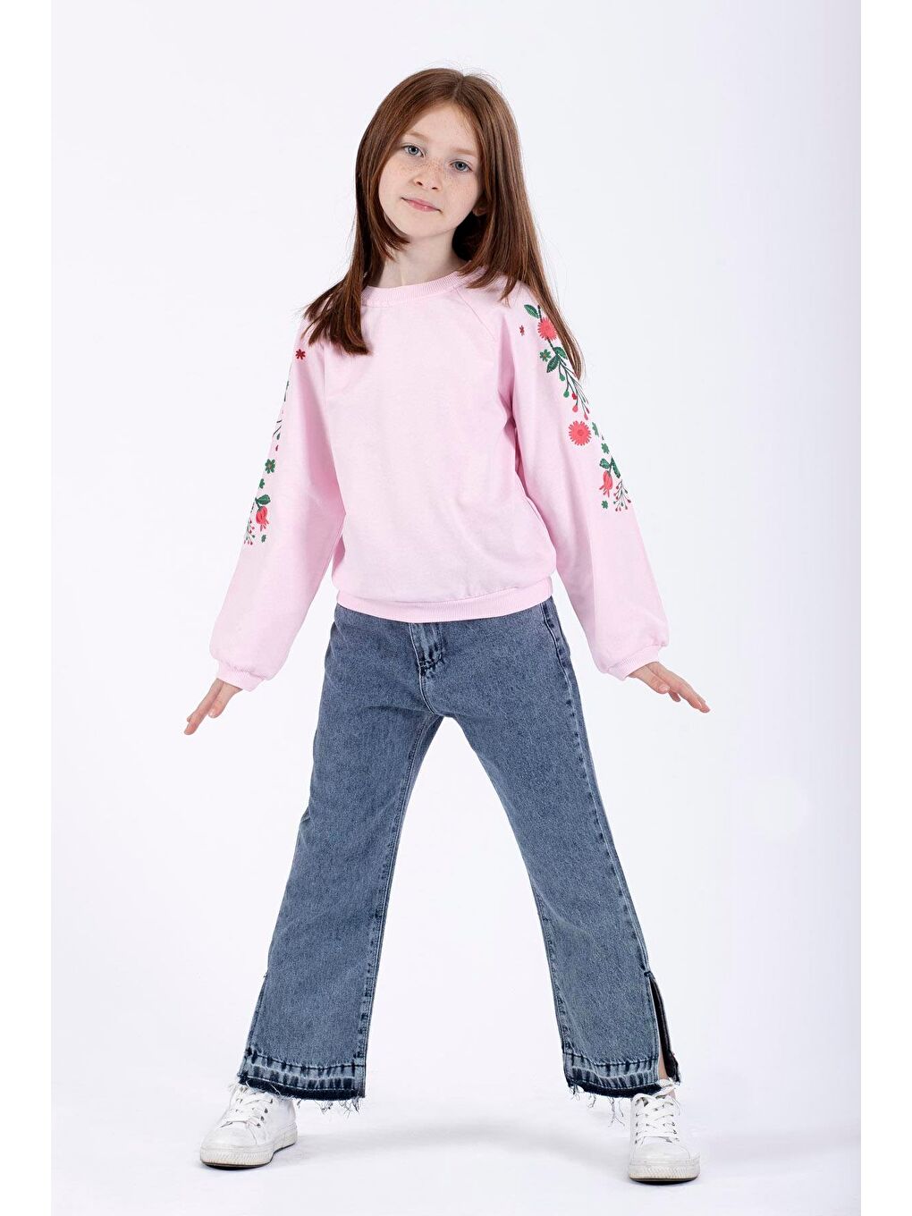 Pembe Bisiklet Yaka Çiçek Baskılı Kız Çocuk Sweatshirt-1