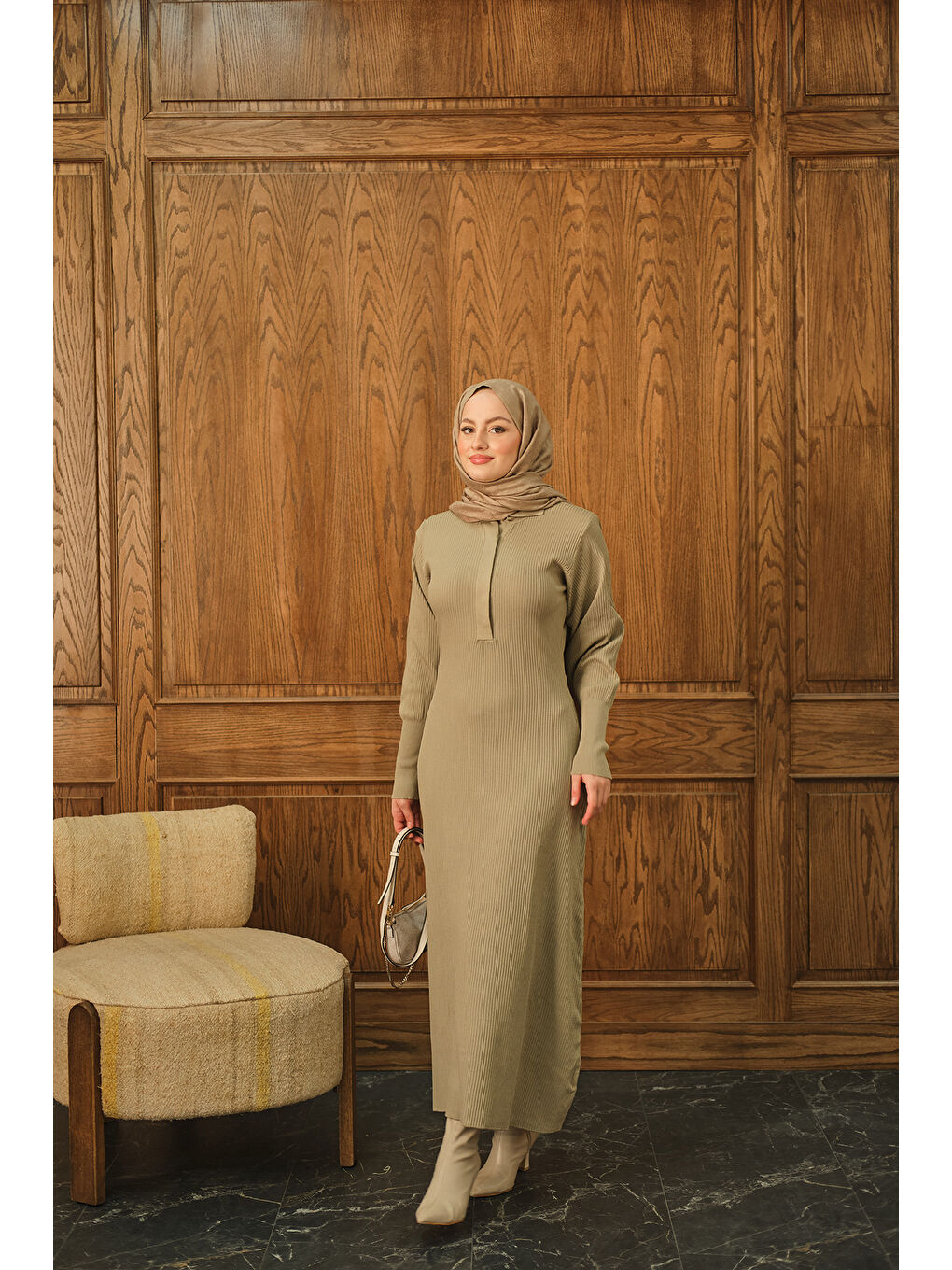 Bej Kadın Gizli Düğme Detaylı Elbise Vizon-3