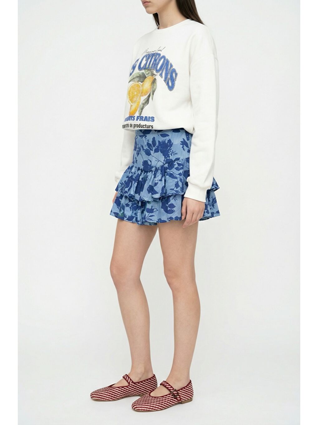 Çiçek Desenli Volanlı Mini Etek Mavi-3