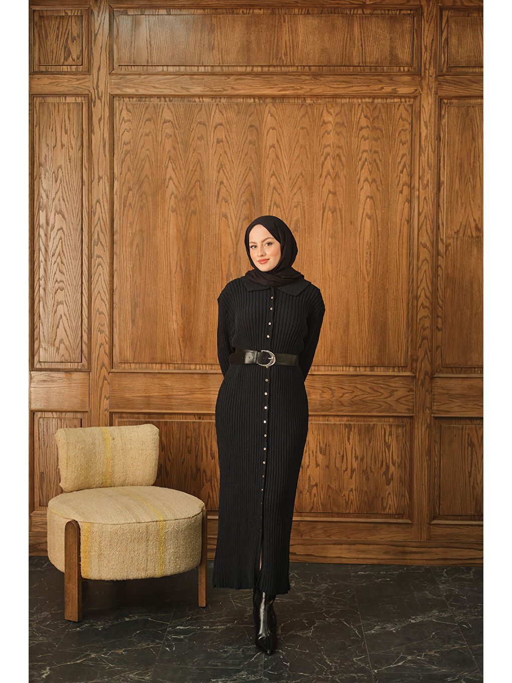 Kadın Düğme Detay Triko Elbise Lacivert-1