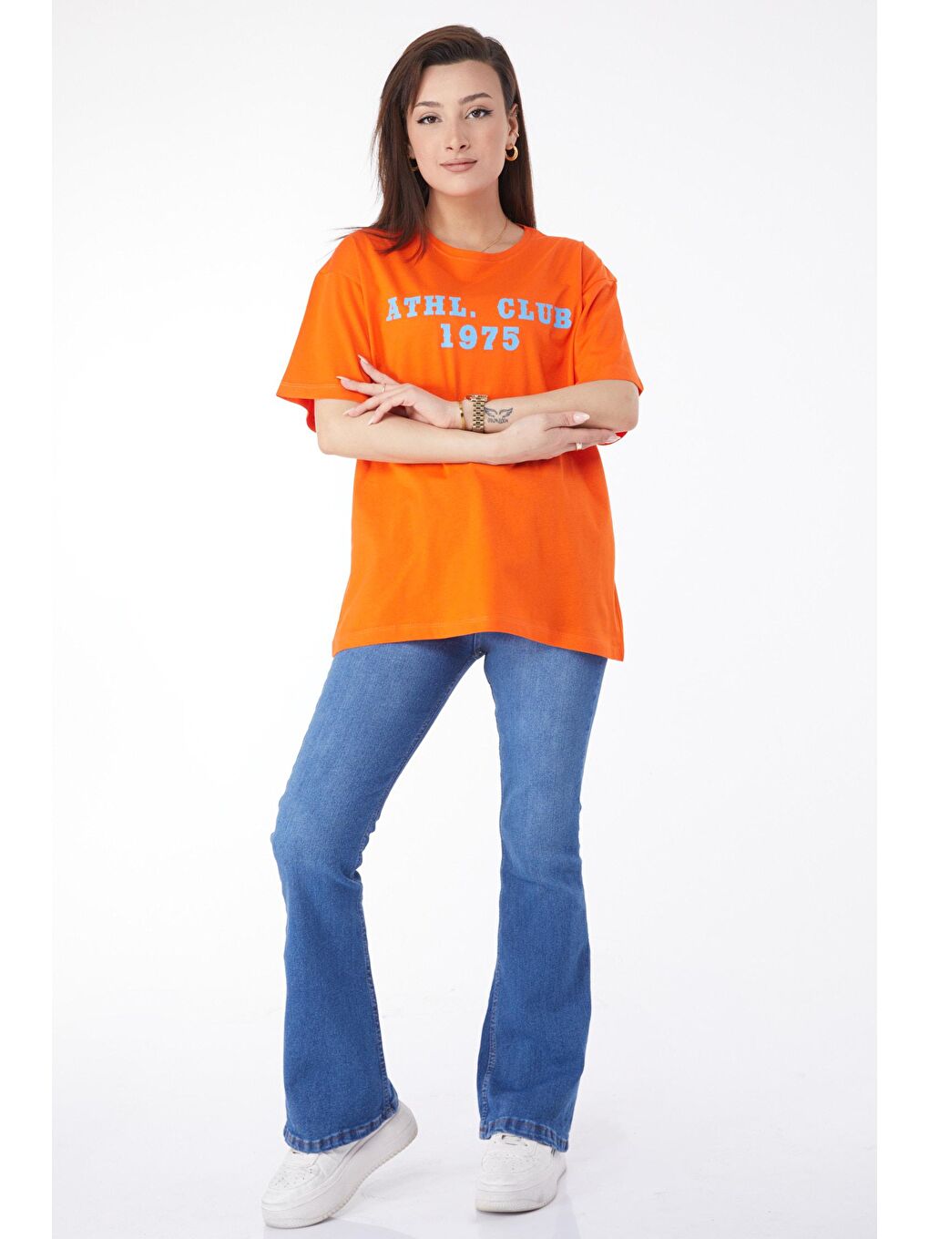 TOFİSA Turuncu Düz Bisiklet Yaka Kadın Turuncu Kısa Kollu Baskılı T-shirt - 24644 - 1