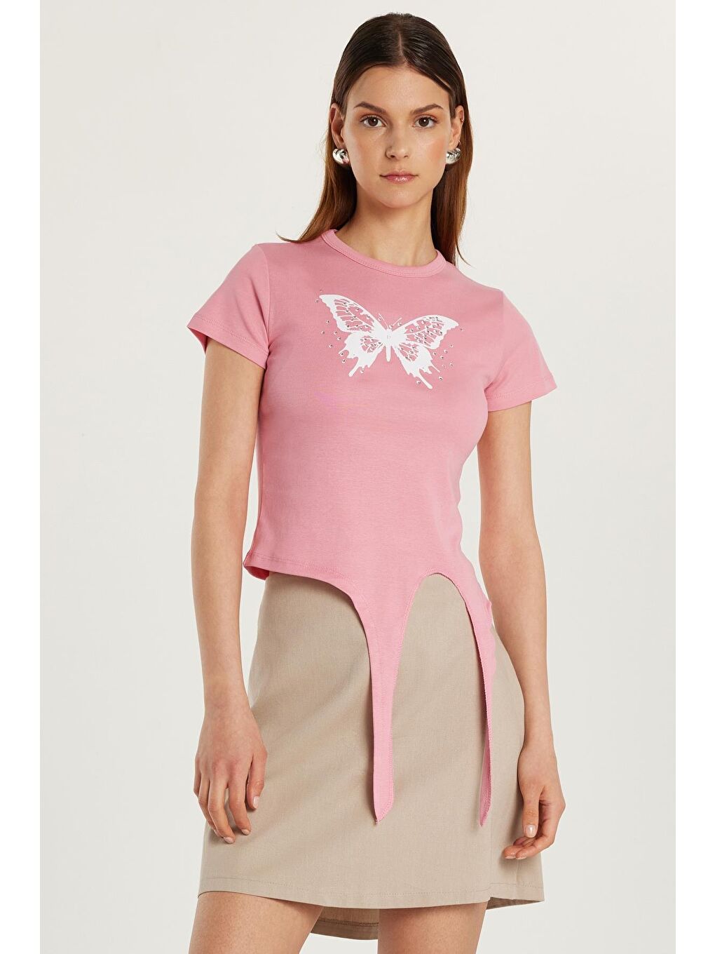 Kadın Slim Fit Dar Kesim Kısa Kollu Bağlamalı Bisiklet Yaka Baskılı Pembe Tişört