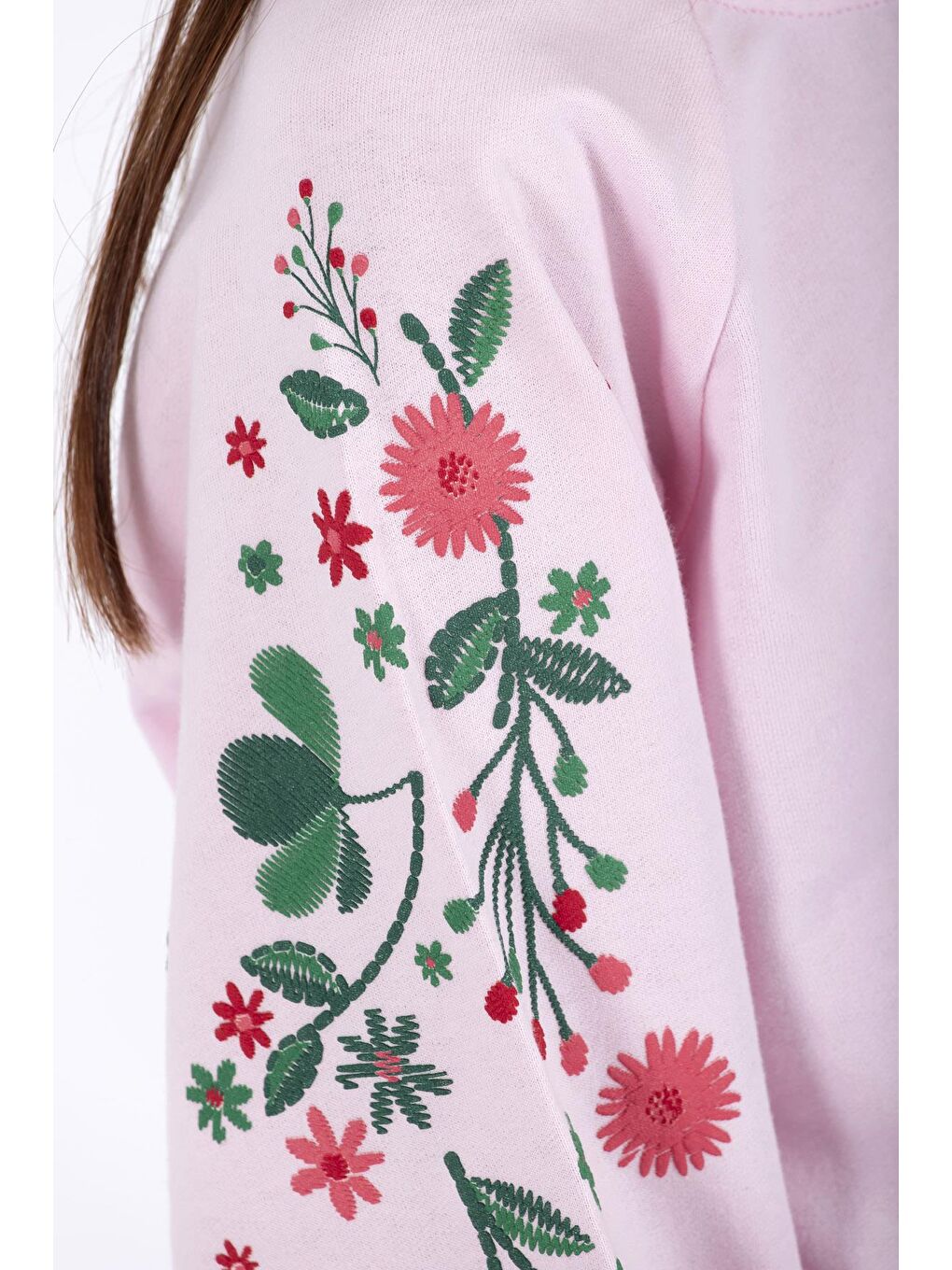 Pembe Bisiklet Yaka Çiçek Baskılı Kız Çocuk Sweatshirt-3