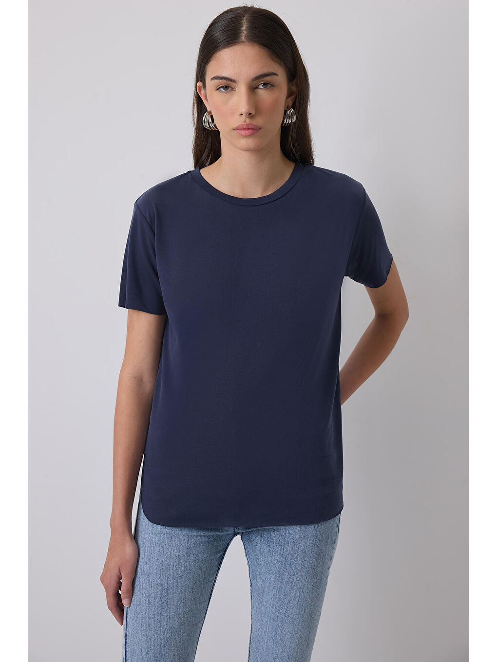 Lacivert %100 Pamuklu Basıc Modal T-Shırt-1