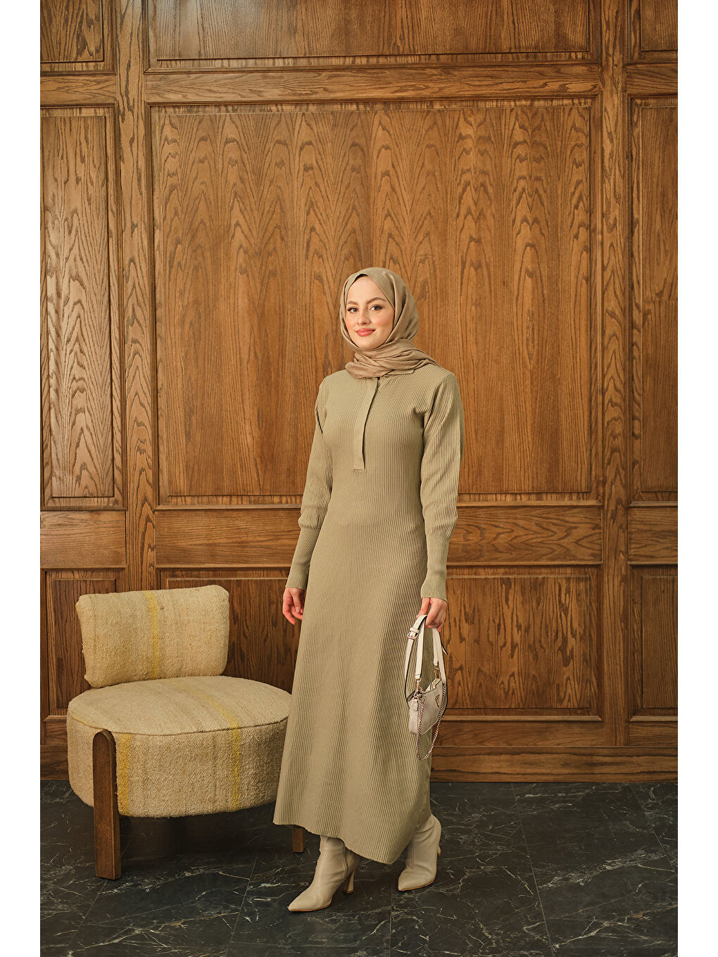 Bej Kadın Gizli Düğme Detaylı Elbise Vizon-4