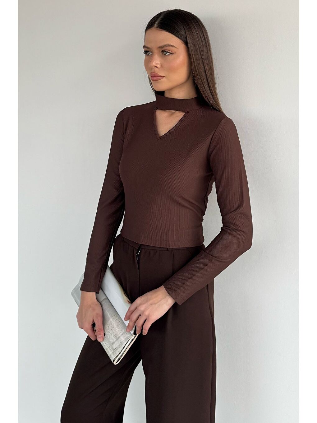 Kahverengi Kadın Ön Pencereli Kendinden Çizgi Desenli Bluz-2