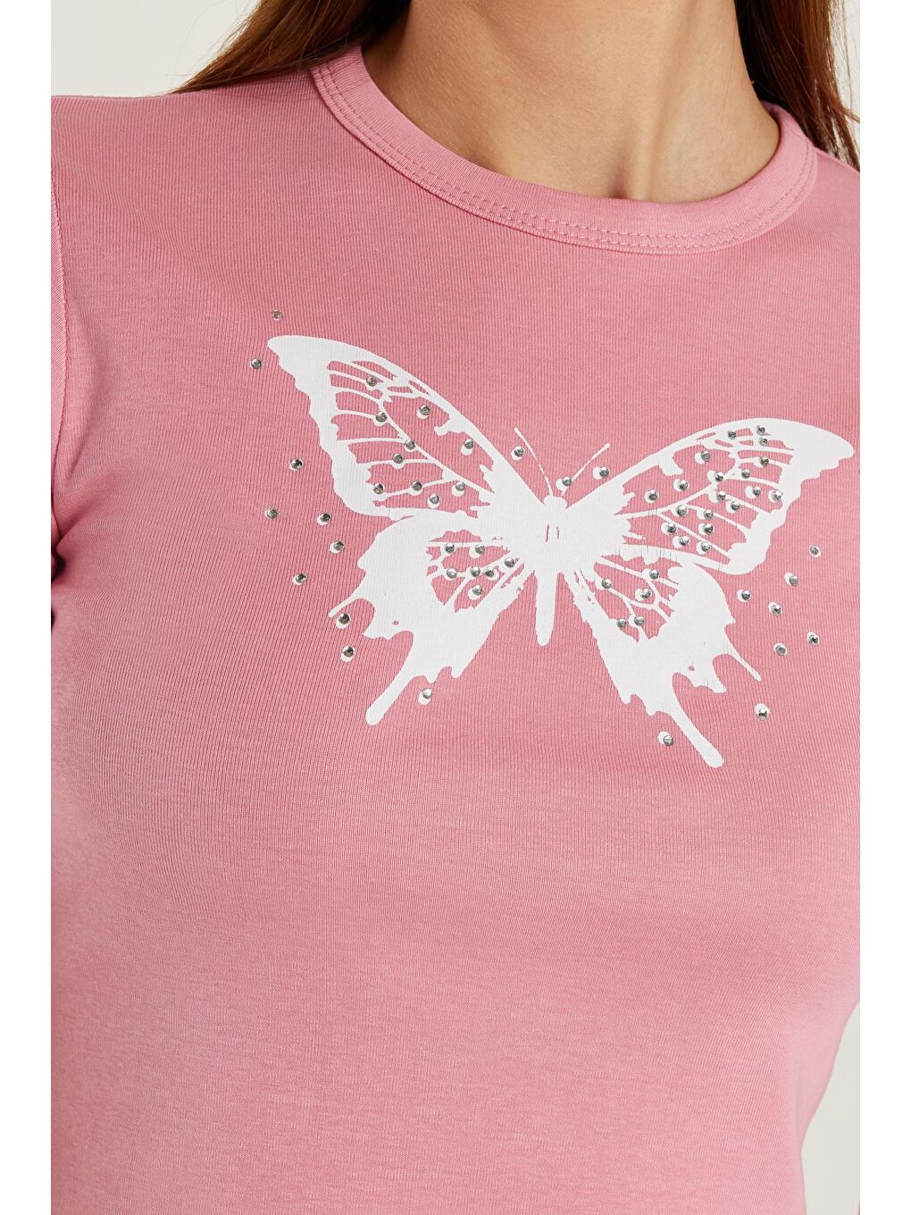 Kadın Slim Fit Dar Kesim Kısa Kollu Bağlamalı Bisiklet Yaka Baskılı Pembe Tişört-2