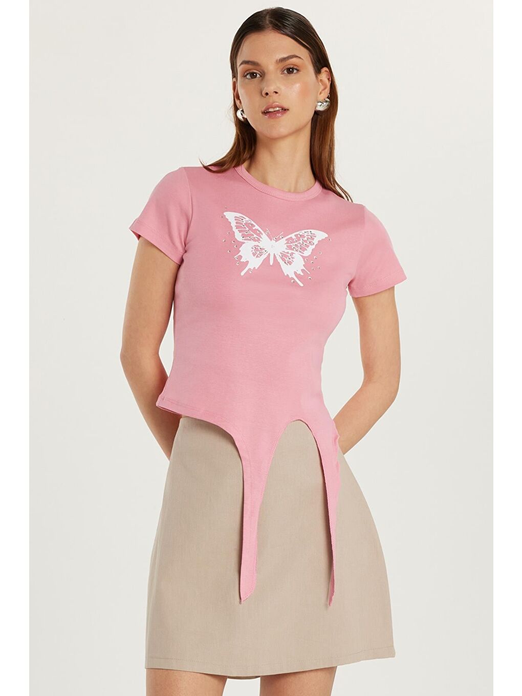 Kadın Slim Fit Dar Kesim Kısa Kollu Bağlamalı Bisiklet Yaka Baskılı Pembe Tişört-3