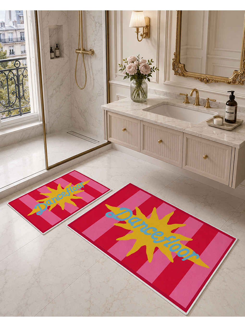 Fuşya Sarı Yıldız Desenli Banyo Paspası Dot Taban Üstü Kadife-7