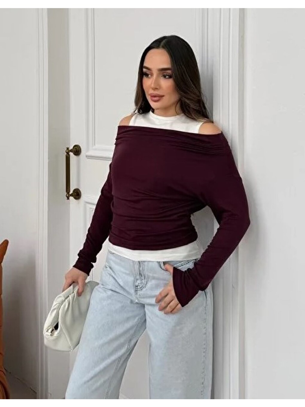 Kadın Omuz Pile Detaylı Kayık Yaka Atlet Detaylı Yeni Sezon Sweatshirt Bordo-1
