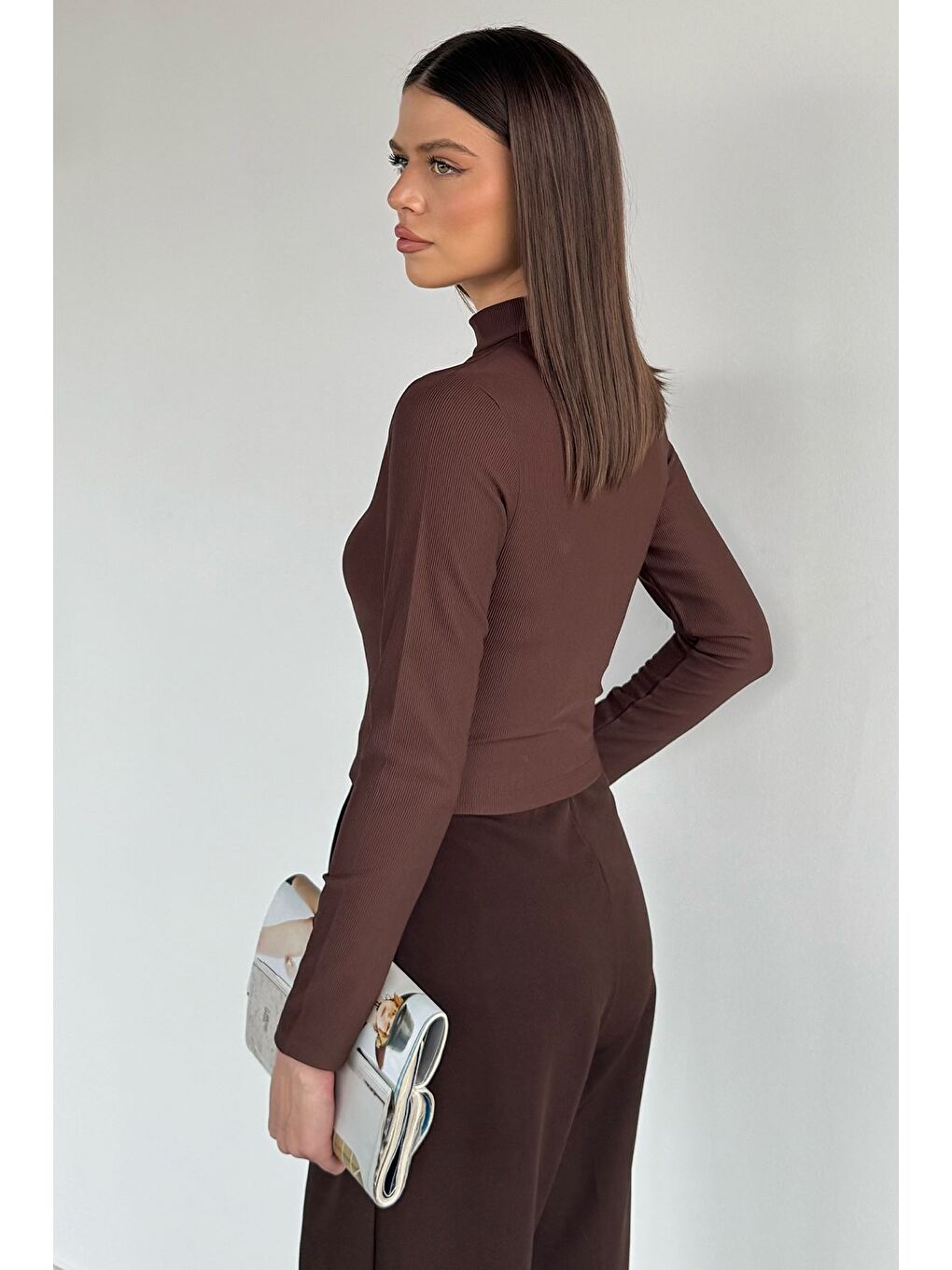 Kahverengi Kadın Ön Pencereli Kendinden Çizgi Desenli Bluz-3