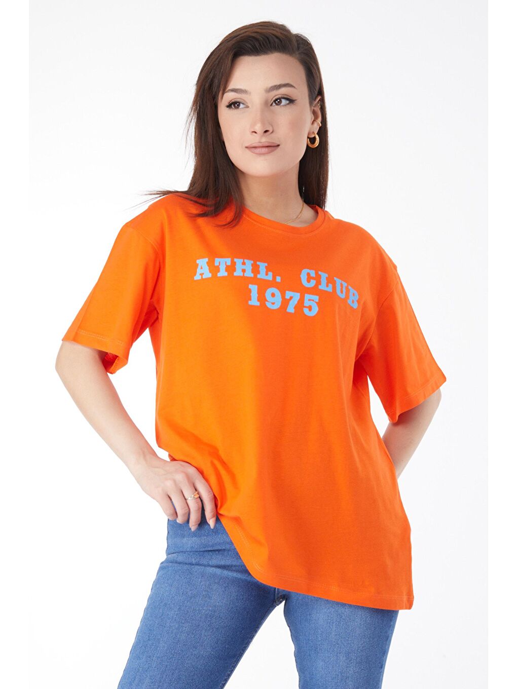 TOFİSA Turuncu Düz Bisiklet Yaka Kadın Turuncu Kısa Kollu Baskılı T-shirt - 24644 - 2