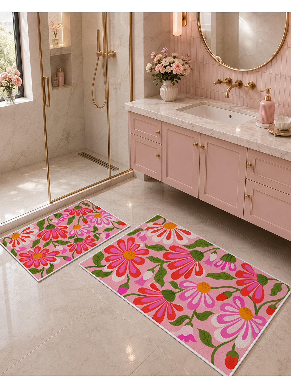 Pembe Yeşil Çiçek Desenli Banyo Paspası Dot Taban Üstü Kadife-5