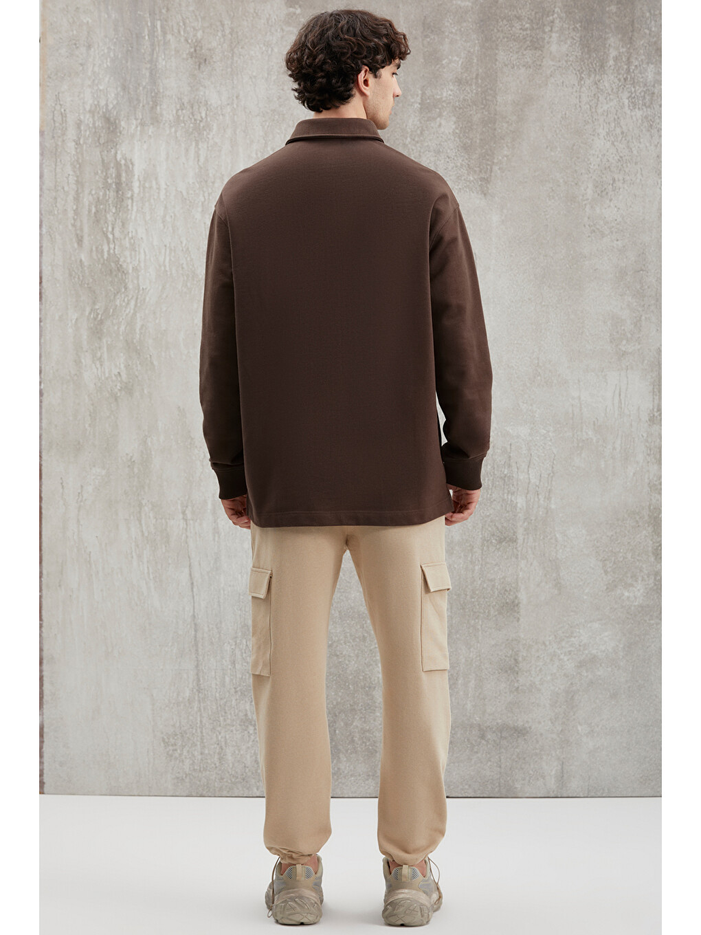 John Erkek Polo Sweat Gömlek Yakalı Organik Pamuklu Yırtmaçlı İçi Polarsız Koyu Kahverengi Sweatshir-5