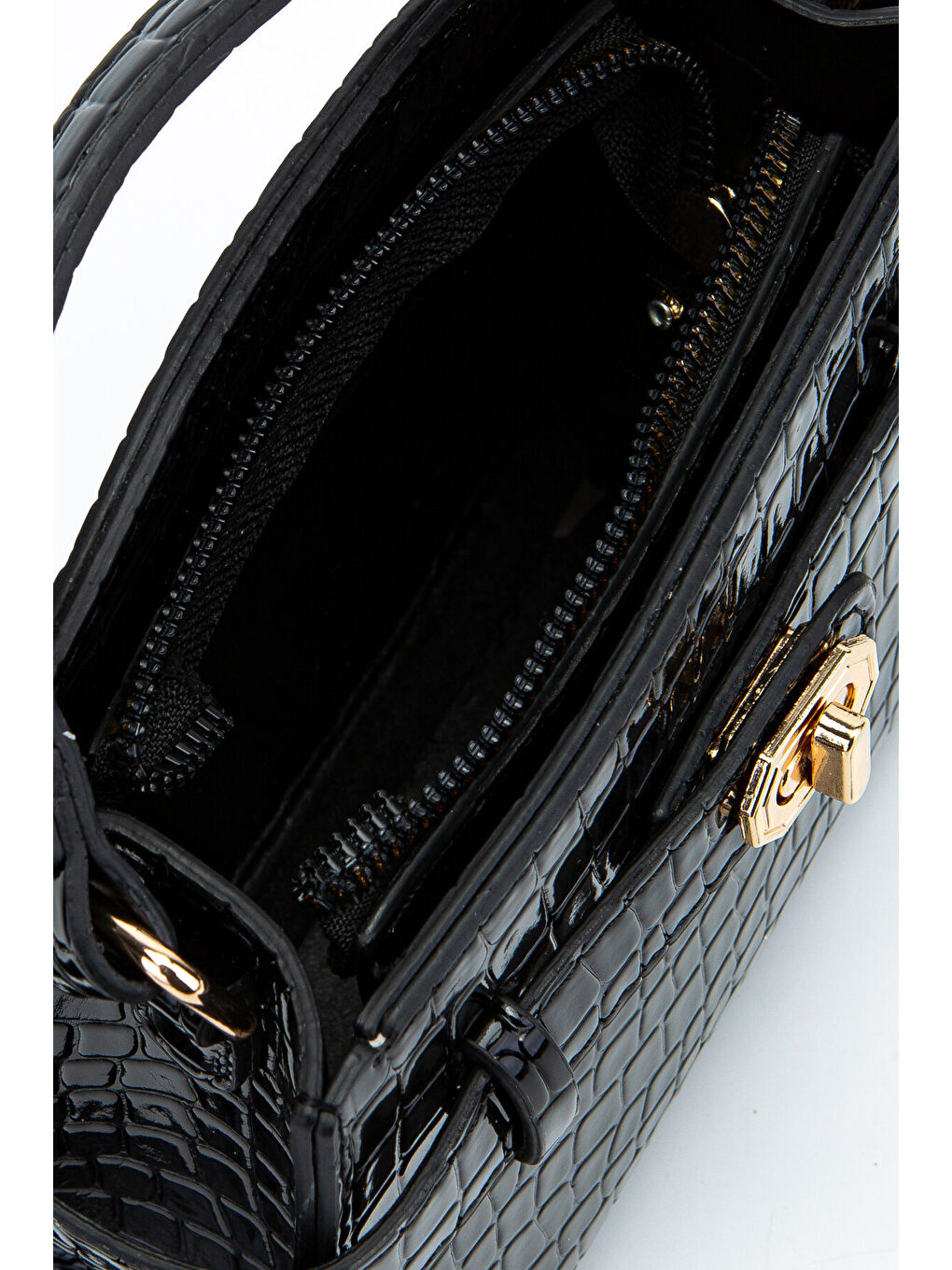 Kilit Aksesuar Kemer Detaylı Jessie Kadın Çapraz Çanta Siyah Croco-3