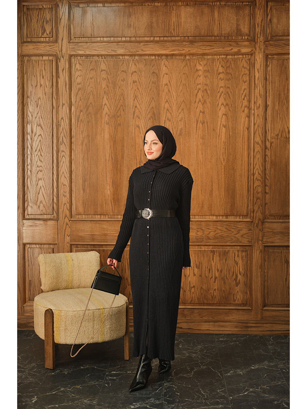 Kadın Düğme Detay Triko Elbise Lacivert-3