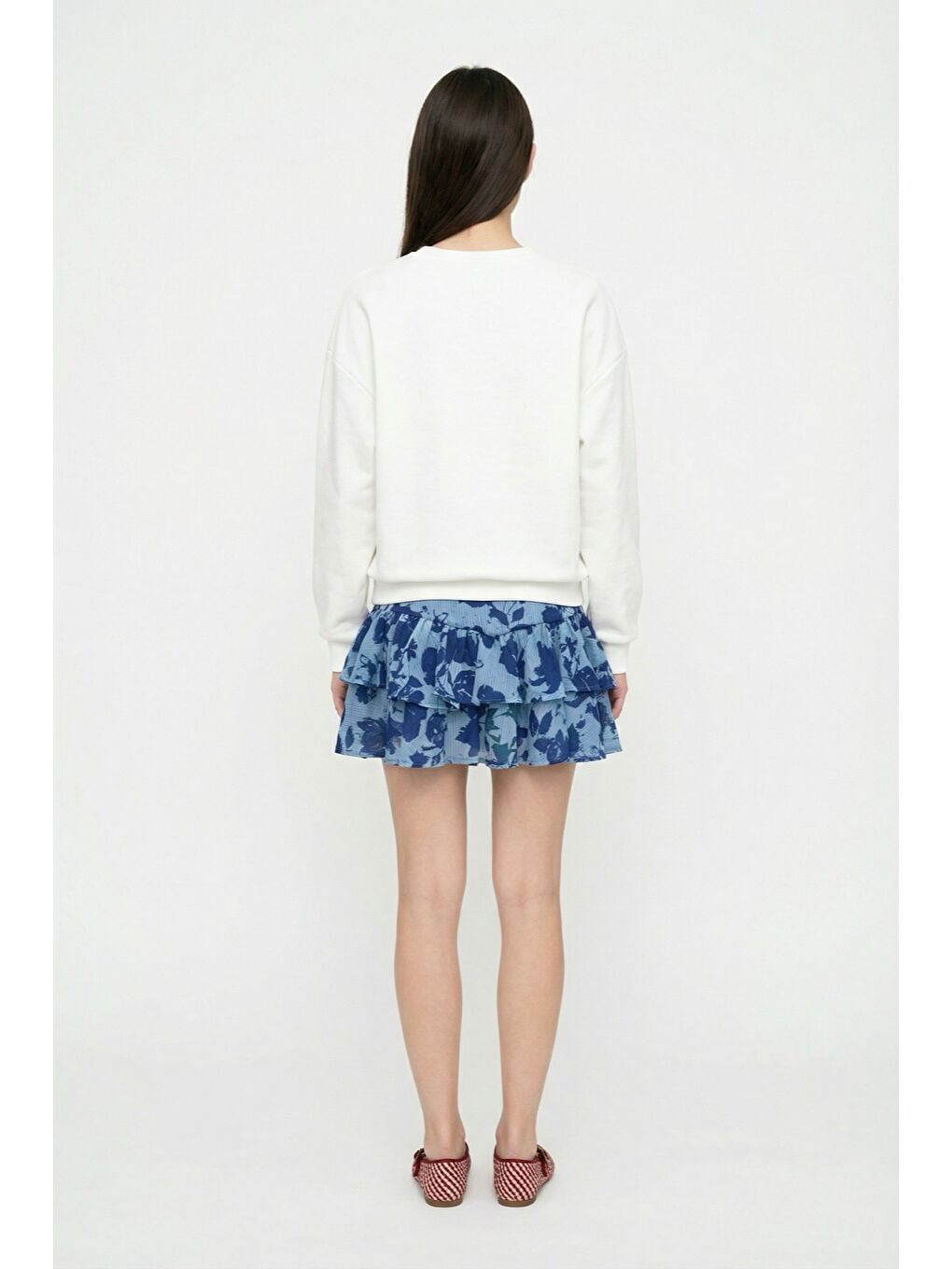 Çiçek Desenli Volanlı Mini Etek Mavi-4