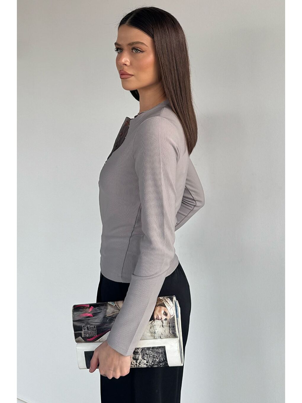 Gri Kadın Gold Çıtçıtlı Kendinden Çizgi Desenli Bluz-3