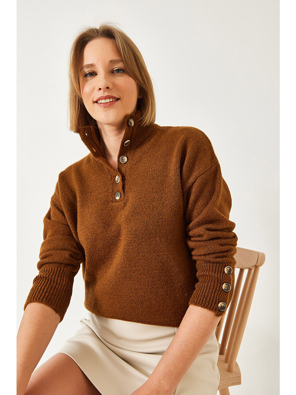 Kahverengi Kadın Kolu Patlı Triko Kazak-2