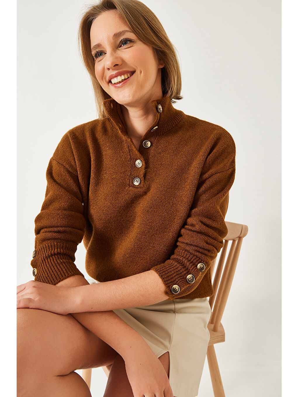 Kahverengi Kadın Kolu Patlı Triko Kazak-3