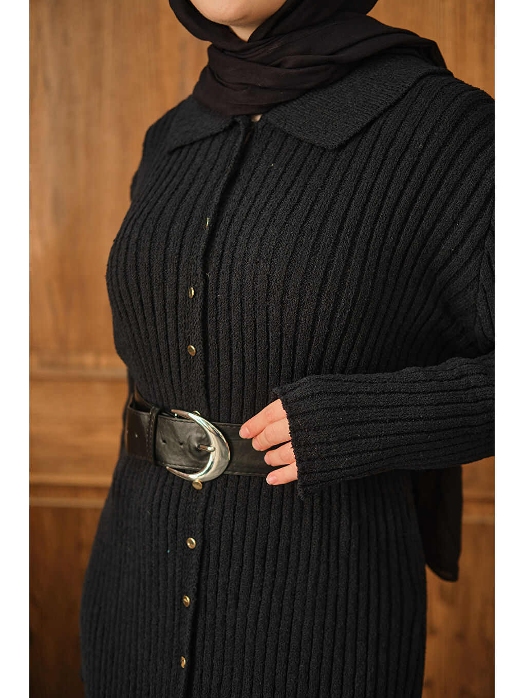 Kadın Düğme Detay Triko Elbise Lacivert-4