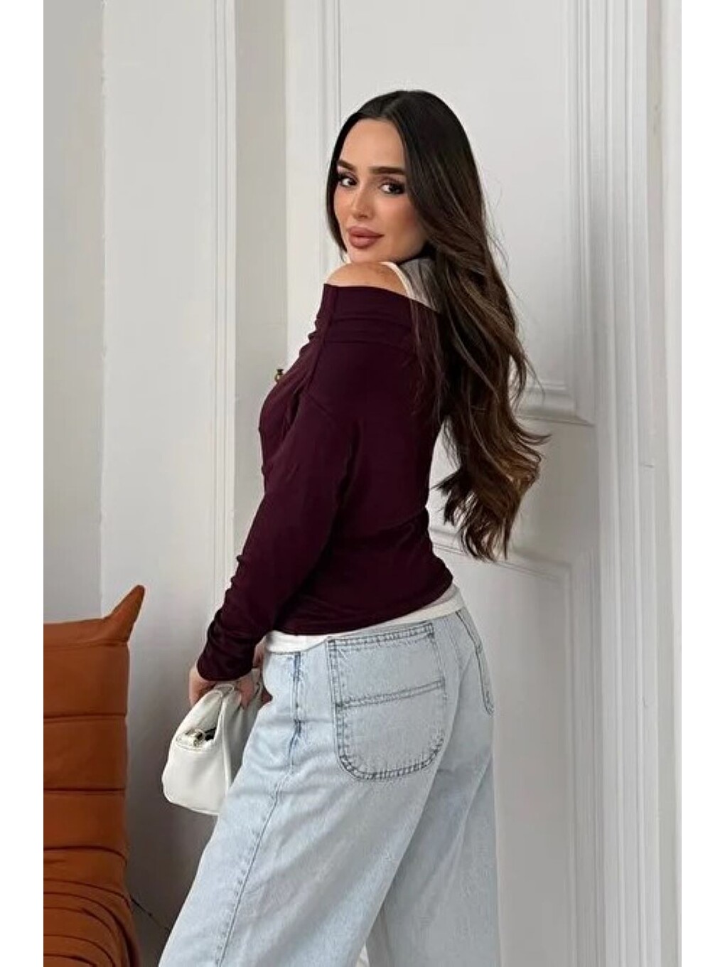 Kadın Omuz Pile Detaylı Kayık Yaka Atlet Detaylı Yeni Sezon Sweatshirt Bordo-2
