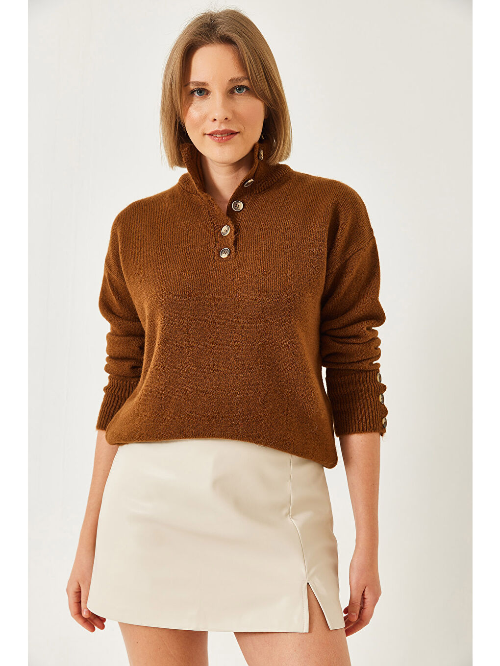 Kahverengi Kadın Kolu Patlı Triko Kazak-4