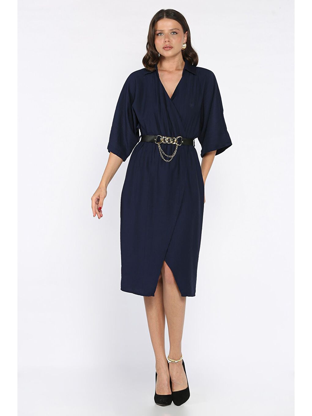 Lacivert Kruvaze Yaka Kemerli Kadın Elbise