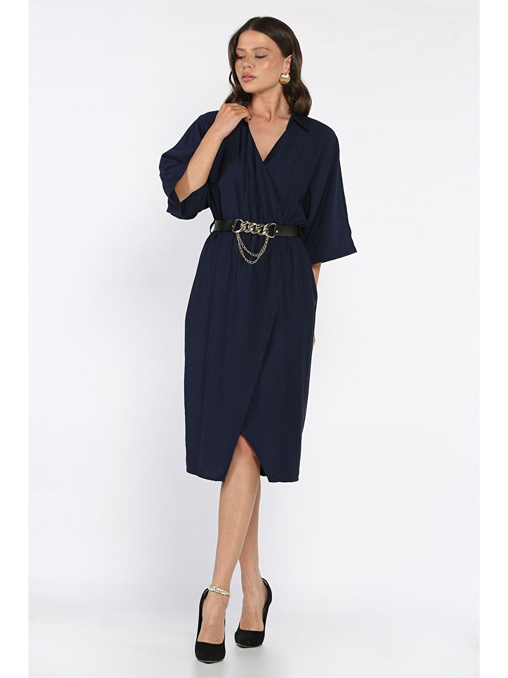 Lacivert Kruvaze Yaka Kemerli Kadın Elbise-1