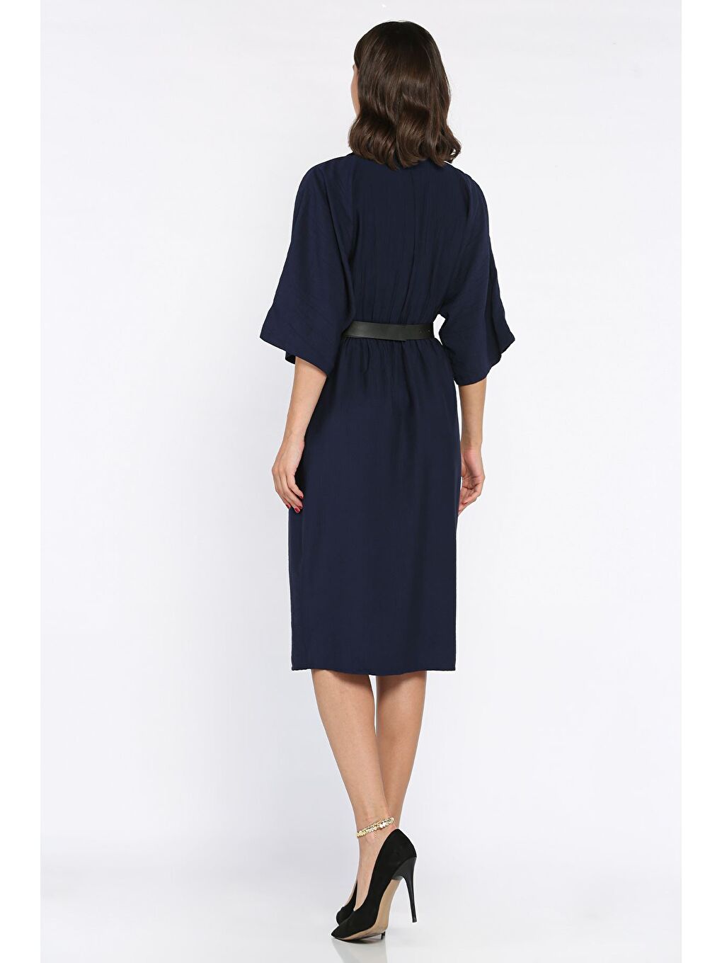 Lacivert Kruvaze Yaka Kemerli Kadın Elbise-2