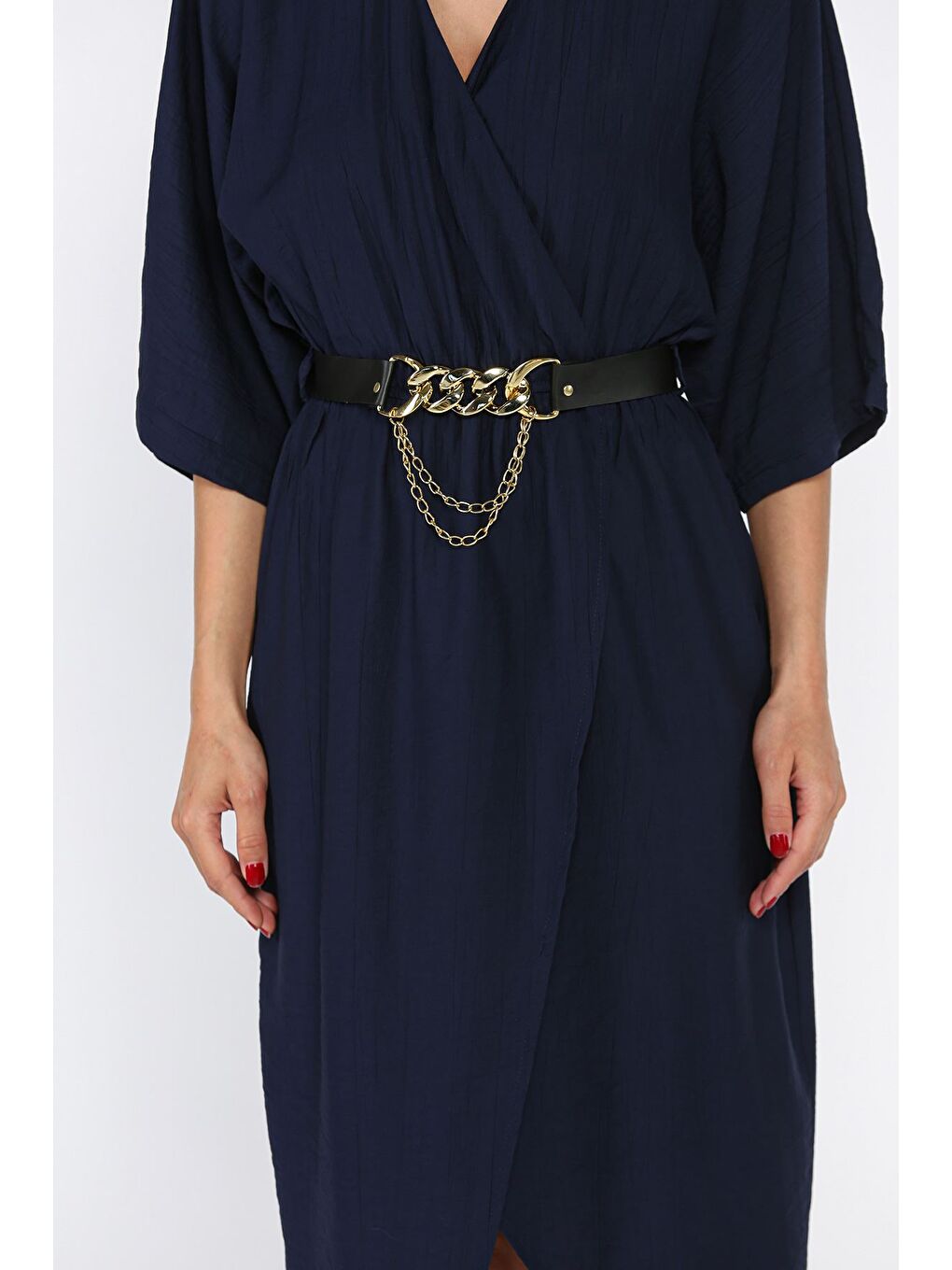 Lacivert Kruvaze Yaka Kemerli Kadın Elbise-3