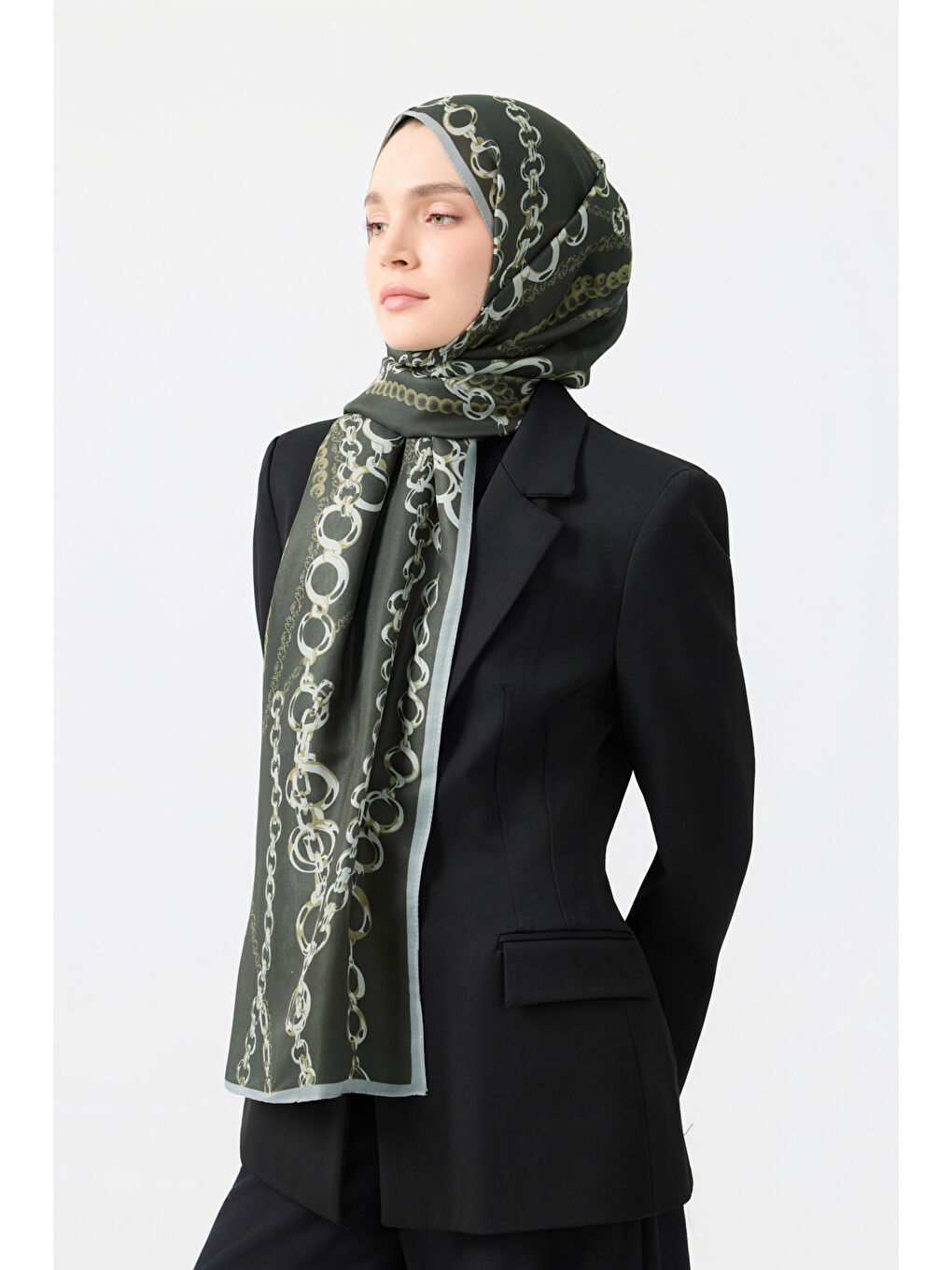 Pamuk Twill Şal Loop Line Zeytin Yeşili