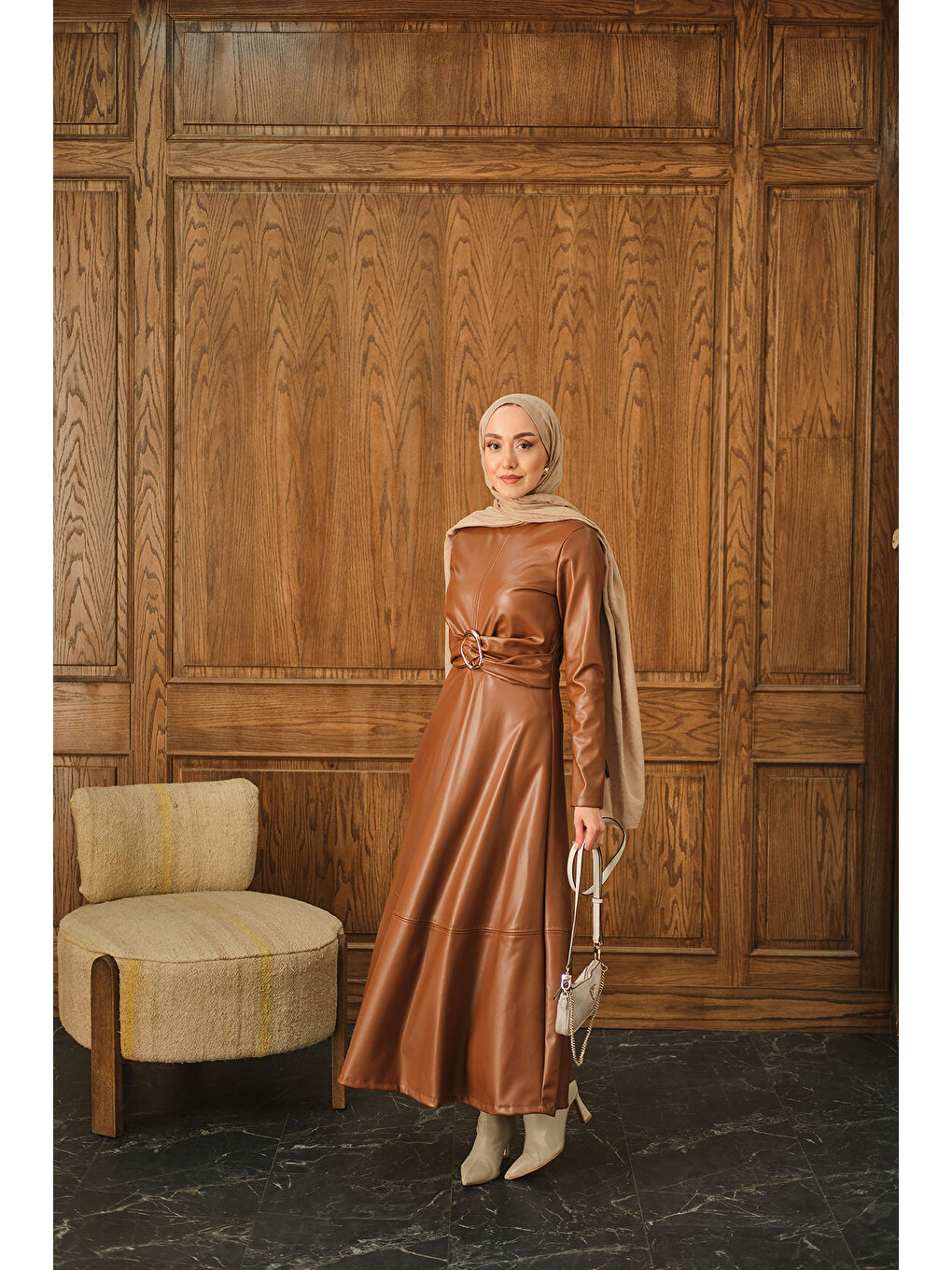 Kahverengi Kadın Şardonlu Deri Elbise Taba-1