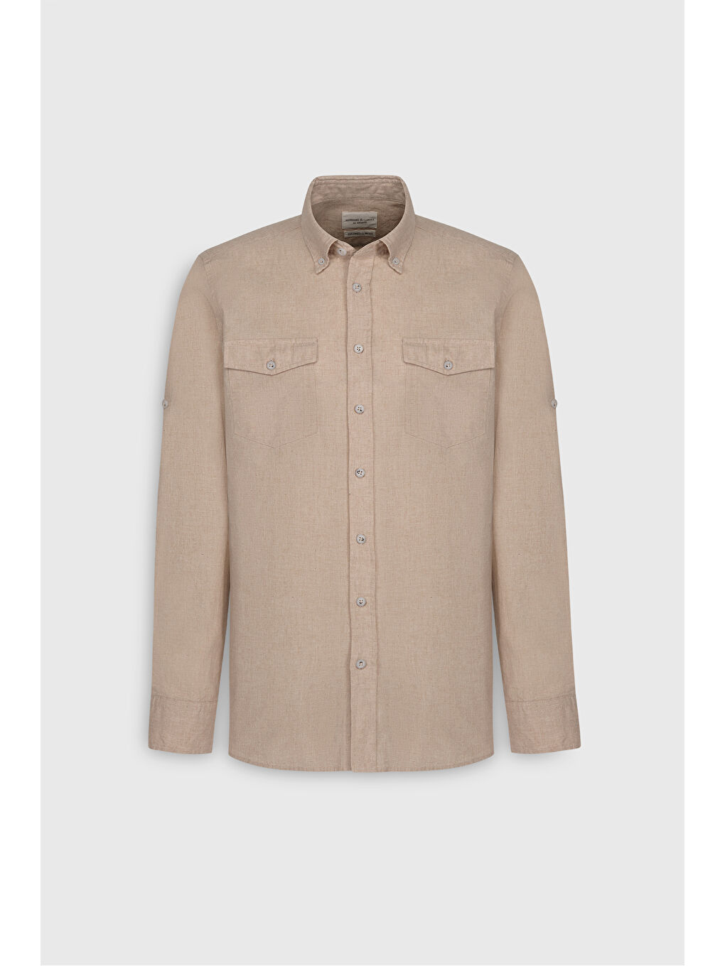 Erkek Bej Dar Kesim Düğmeli Yaka Oxford %100 Pamuk Gömlek-5