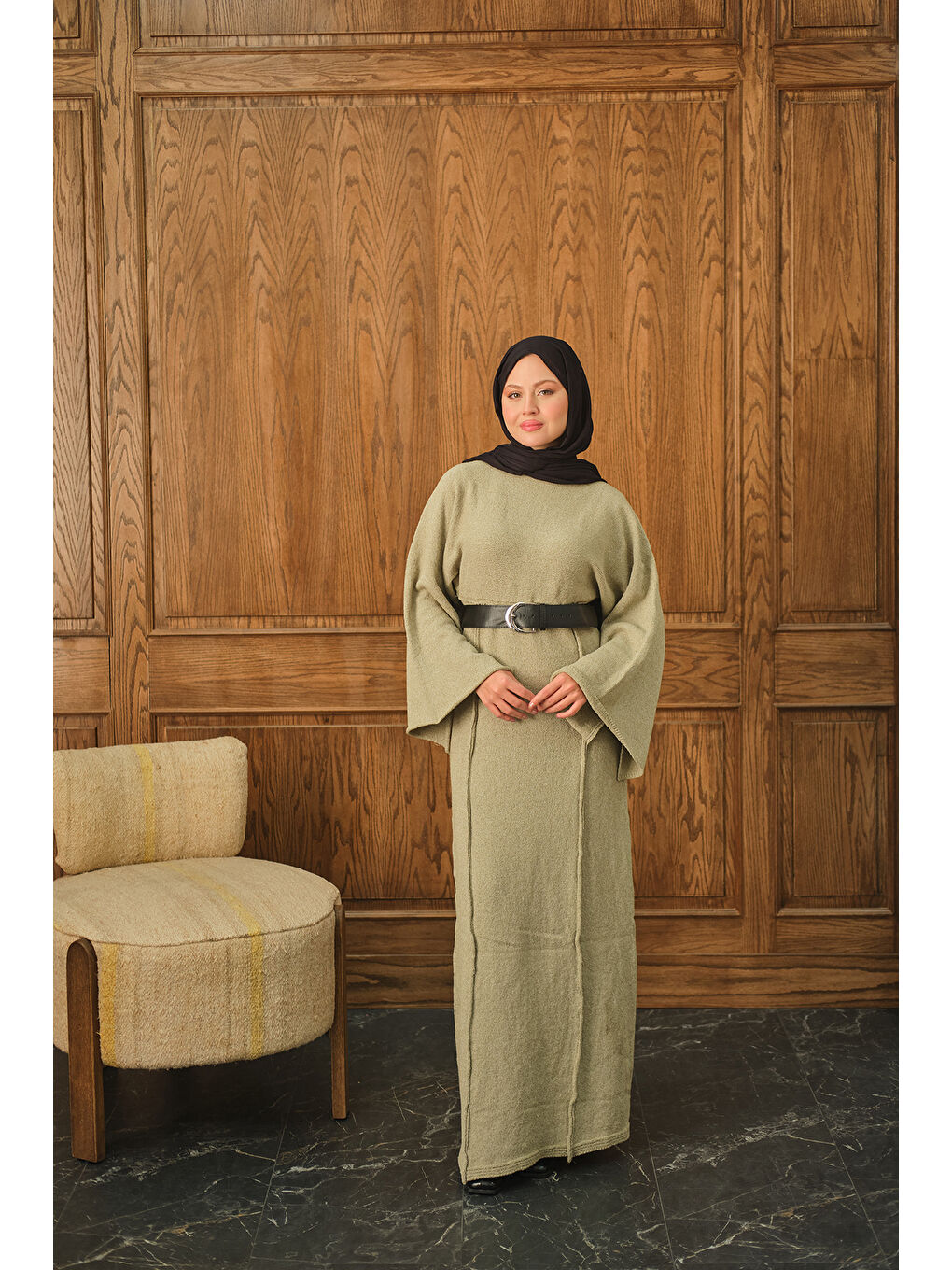 Kadın Kendinden Desenli Kraş Elbise Yeşil