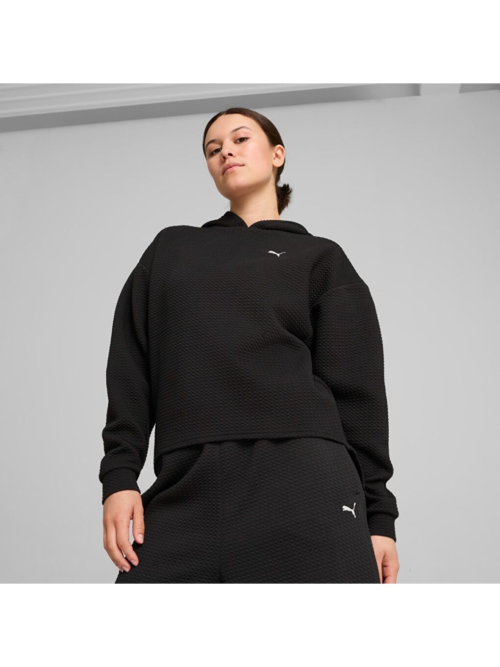 Q4 Studio Textured Kadın Siyah Kapüşonlu Sweatshirt