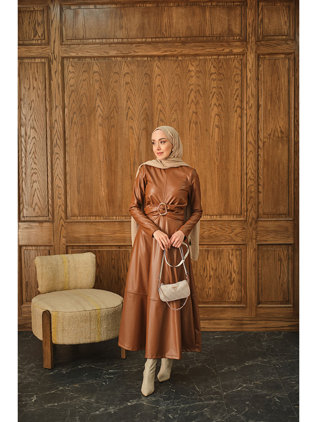 Kahverengi Kadın Şardonlu Deri Elbise Taba-2