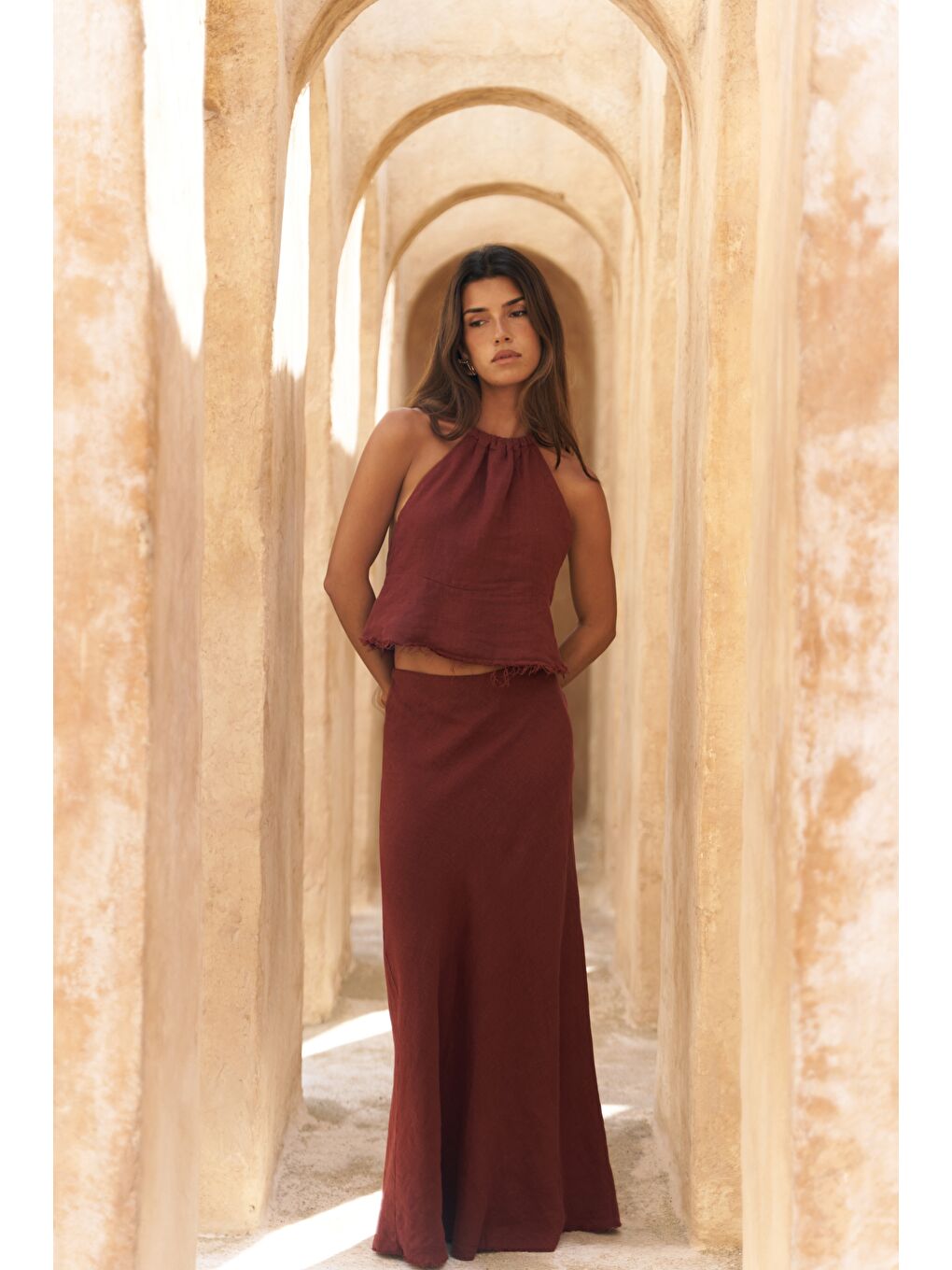 Kahverengi Malmvira Kiremit Keten Crop Etek Takım