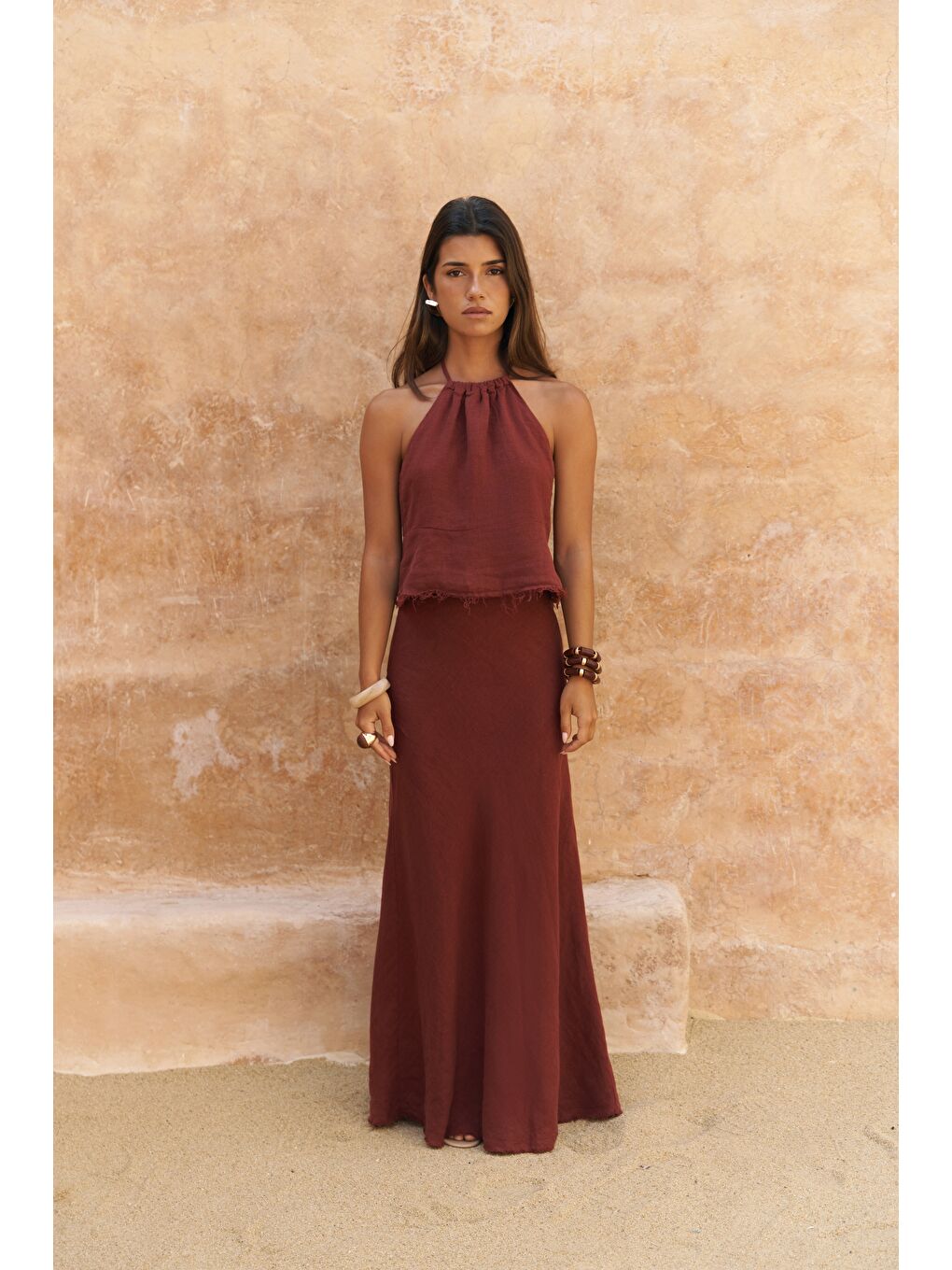 Kahverengi Malmvira Kiremit Keten Crop Etek Takım-1