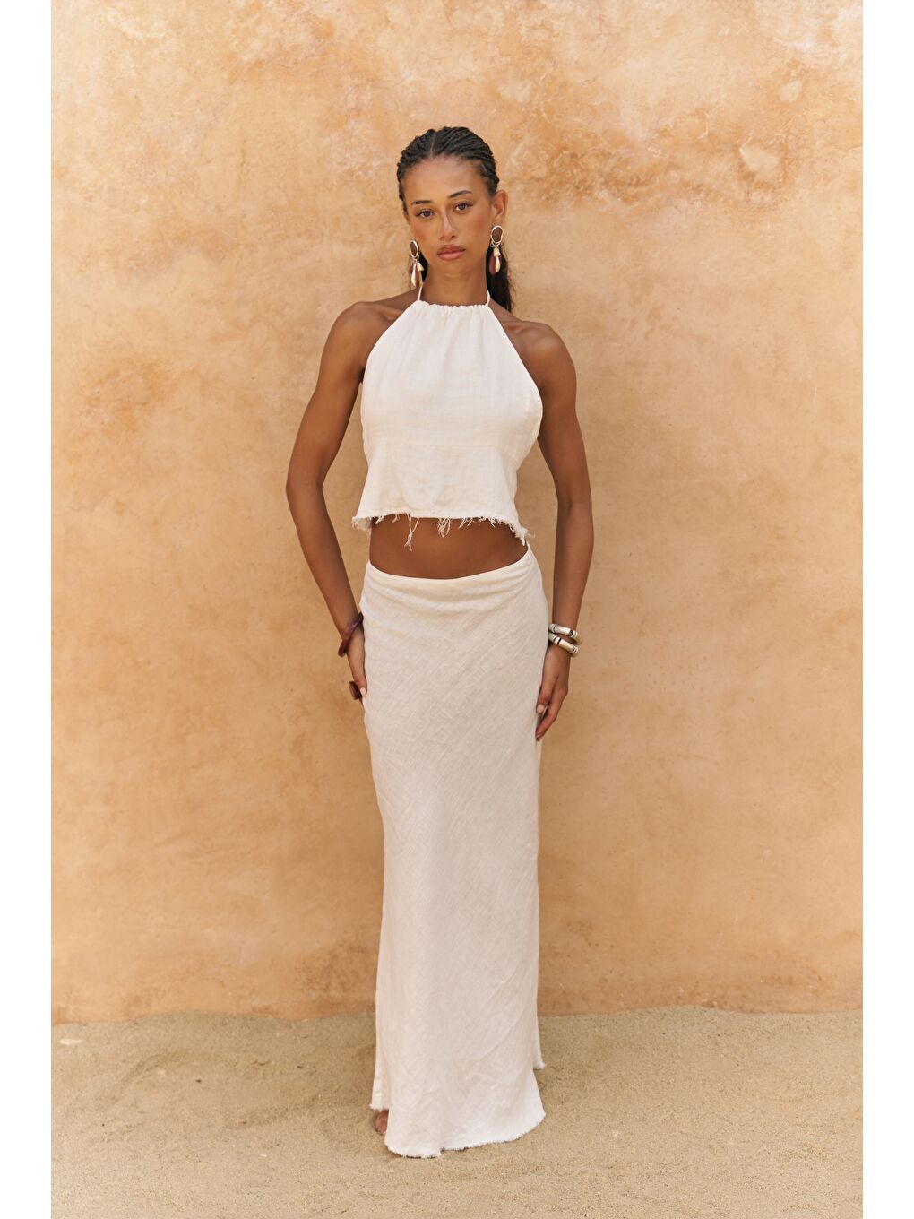 Malmvira Beyaz Keten Crop Etek Takım-4
