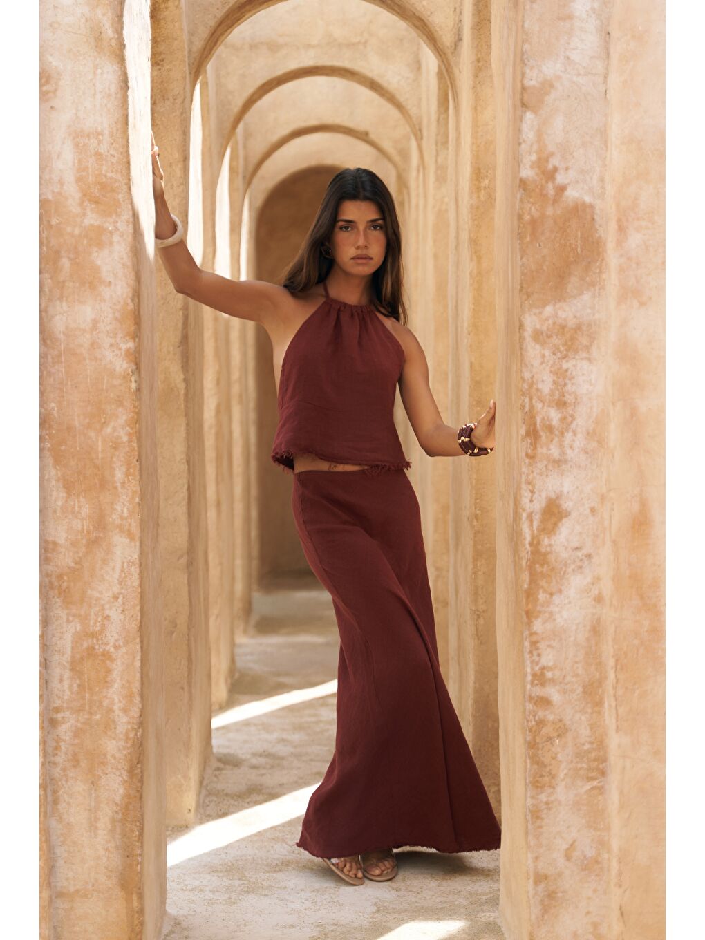 Kahverengi Malmvira Kiremit Keten Crop Etek Takım-2