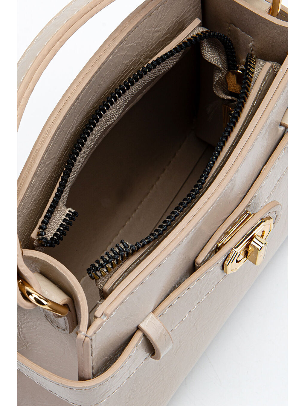 Kilit Aksesuar Kemer Detaylı Jessie Kadın Çapraz Çanta Bej-5