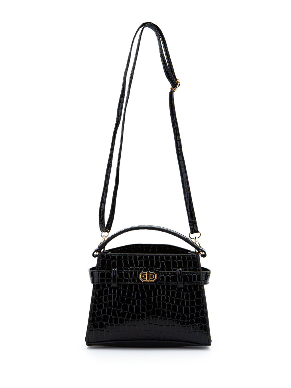 Kilit Aksesuar Kemer Detaylı Jessie Kadın Çapraz Çanta Siyah Croco-5