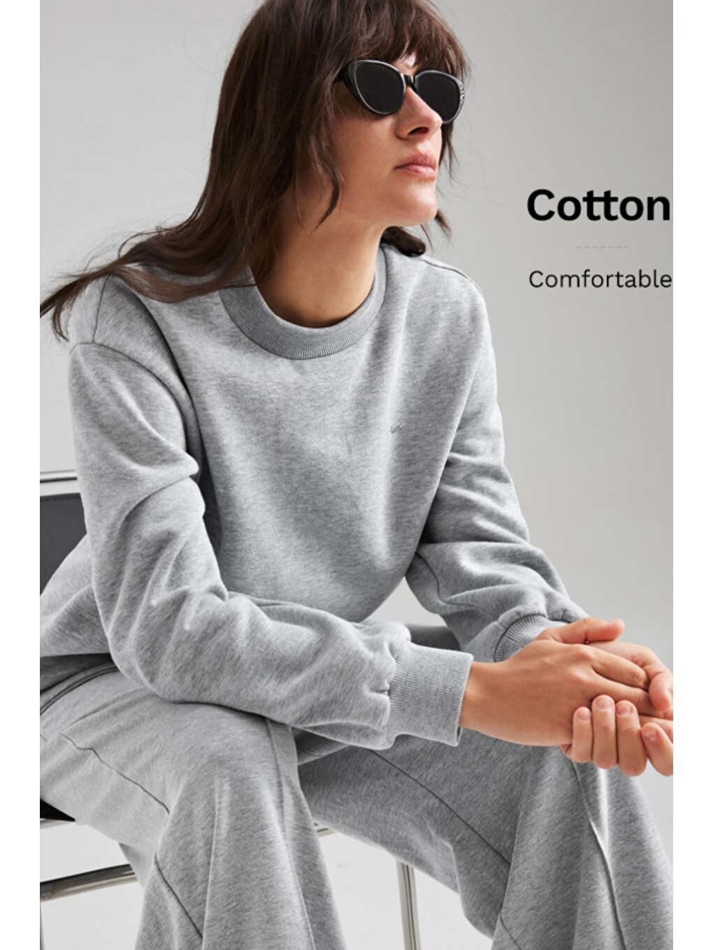 Gri Kadın Asimetrik Bisiklet Yaka 3 İplik Şardonlu Oversize Sweatshirt-3