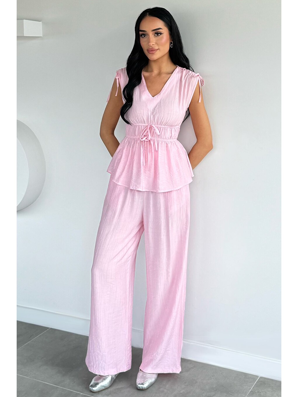 Pembe Kadın Bel Lastikli Pantolon V Yaka Bluz İkili Takım